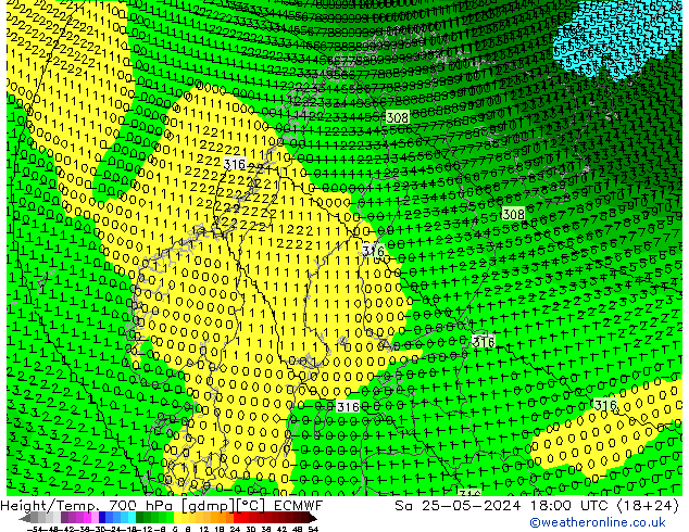 Height/Temp. 700 hPa ECMWF Sa 25.05.2024 18 UTC