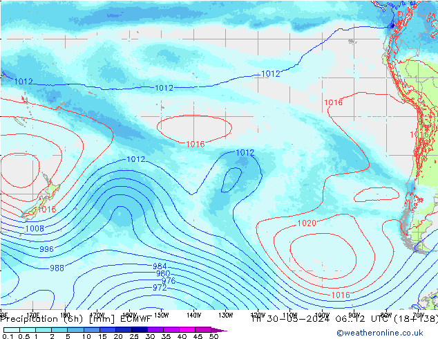 Totale neerslag (6h) ECMWF do 30.05.2024 12 UTC