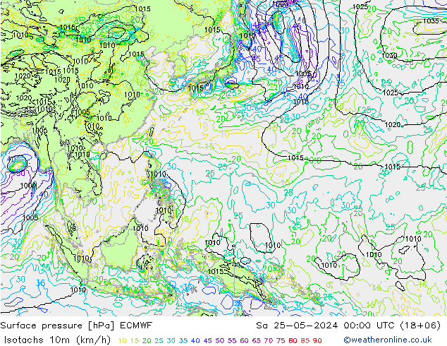 Isotachs (kph) ECMWF sab 25.05.2024 00 UTC