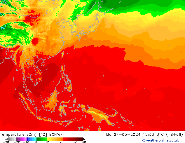 Temperatuurkaart (2m) ECMWF ma 27.05.2024 12 UTC