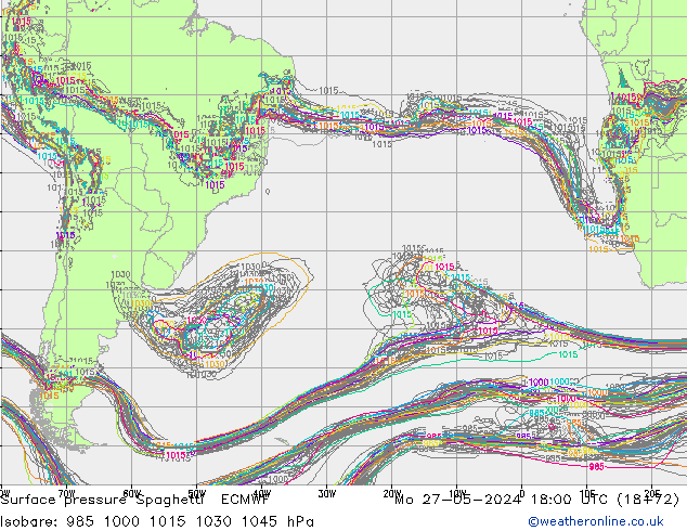 pressão do solo Spaghetti ECMWF Seg 27.05.2024 18 UTC