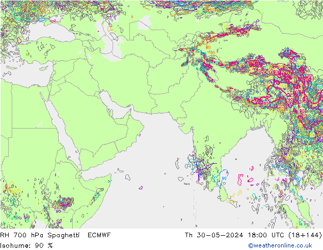 RH 700 hPa Spaghetti ECMWF Qui 30.05.2024 18 UTC