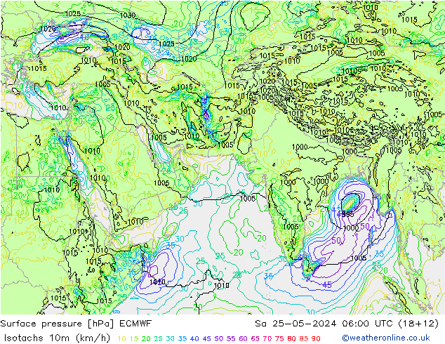 Isotachs (kph) ECMWF Sa 25.05.2024 06 UTC