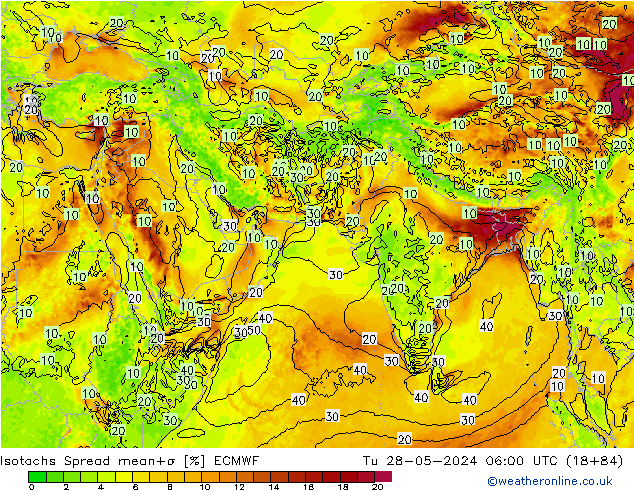 Isotachs Spread ECMWF Út 28.05.2024 06 UTC