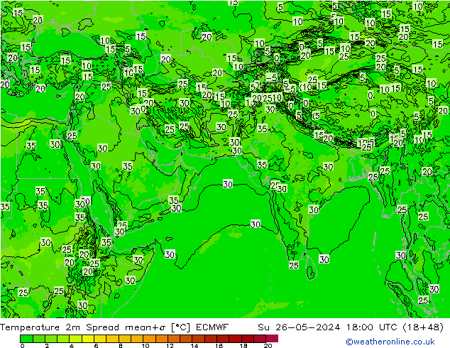 température 2m Spread ECMWF dim 26.05.2024 18 UTC