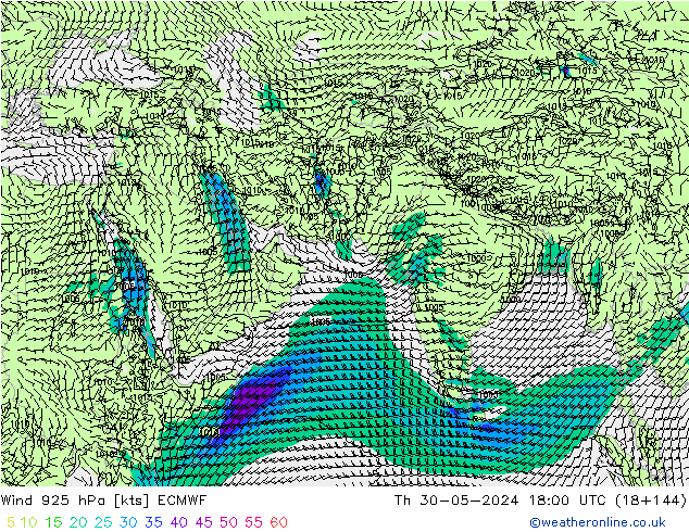 Wind 925 hPa ECMWF Th 30.05.2024 18 UTC