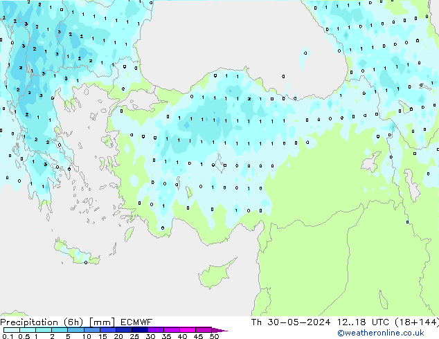 Totale neerslag (6h) ECMWF do 30.05.2024 18 UTC