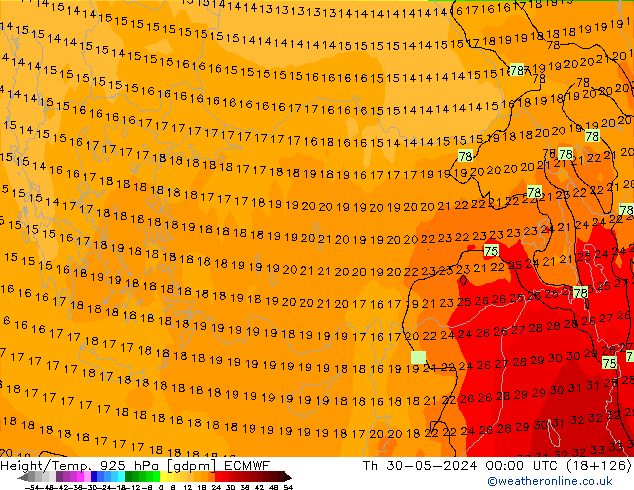 Height/Temp. 925 hPa ECMWF Qui 30.05.2024 00 UTC