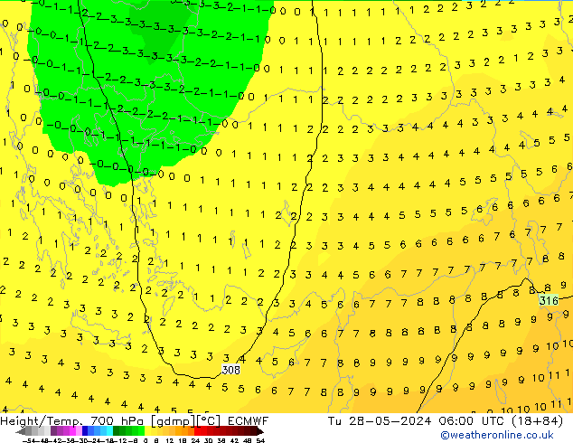 Height/Temp. 700 hPa ECMWF Tu 28.05.2024 06 UTC