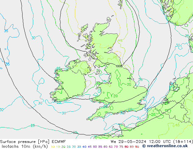 Isotachs (kph) ECMWF Qua 29.05.2024 12 UTC