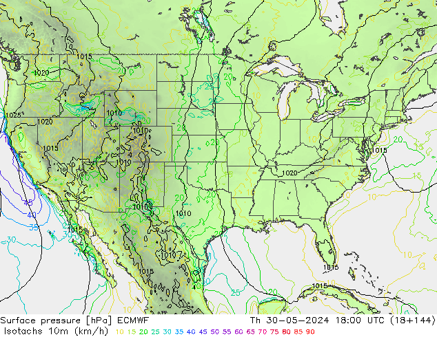 Isotachs (kph) ECMWF Th 30.05.2024 18 UTC