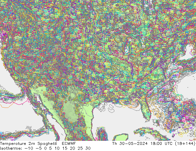 Temperature 2m Spaghetti ECMWF Čt 30.05.2024 18 UTC