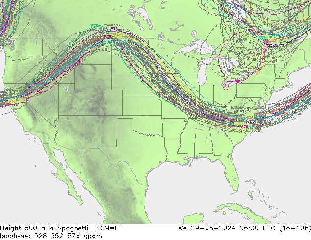 Height 500 hPa Spaghetti ECMWF śro. 29.05.2024 06 UTC