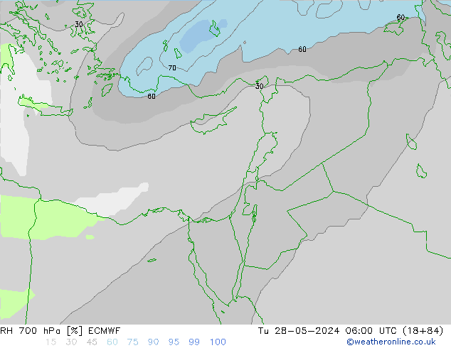 Humedad rel. 700hPa ECMWF mar 28.05.2024 06 UTC