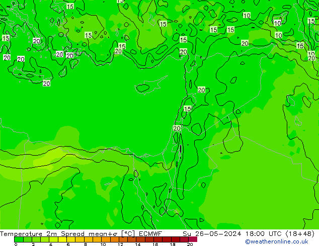 Temperatura 2m Spread ECMWF Dom 26.05.2024 18 UTC