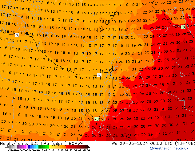 Yükseklik/Sıc. 925 hPa ECMWF Çar 29.05.2024 06 UTC