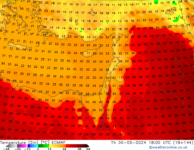 mapa temperatury (2m) ECMWF czw. 30.05.2024 18 UTC