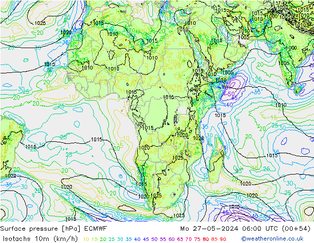 Isotachs (kph) ECMWF  27.05.2024 06 UTC