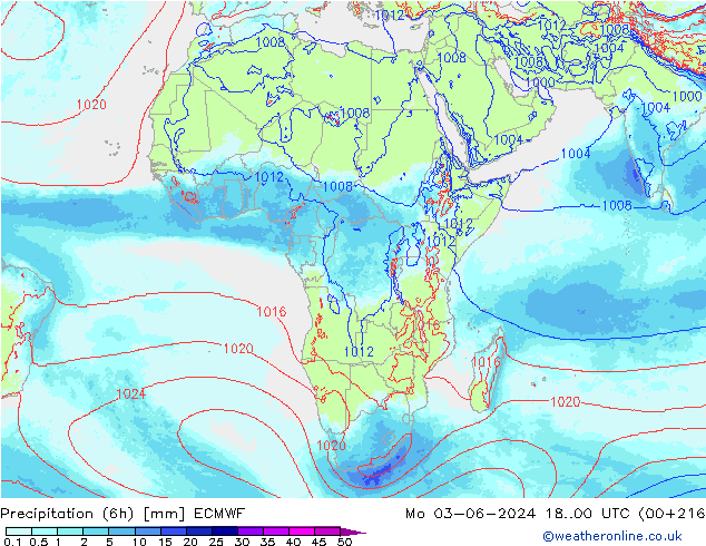 Precipitation (6h) ECMWF Mo 03.06.2024 00 UTC