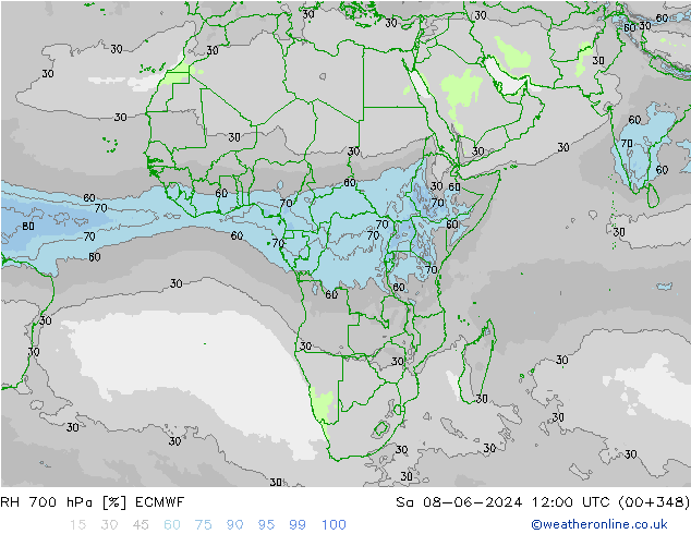 RH 700 hPa ECMWF sab 08.06.2024 12 UTC