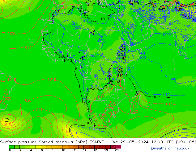 Surface pressure Spread ECMWF We 29.05.2024 12 UTC