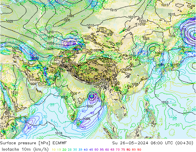 Isotachs (kph) ECMWF  26.05.2024 06 UTC