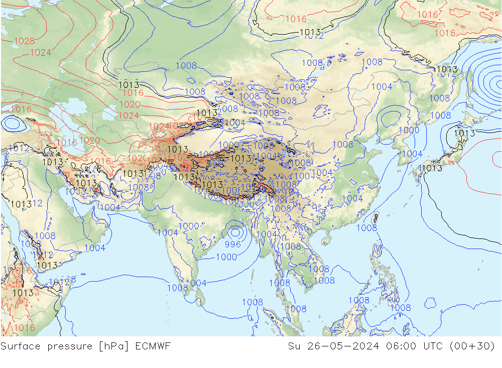 Luchtdruk (Grond) ECMWF zo 26.05.2024 06 UTC