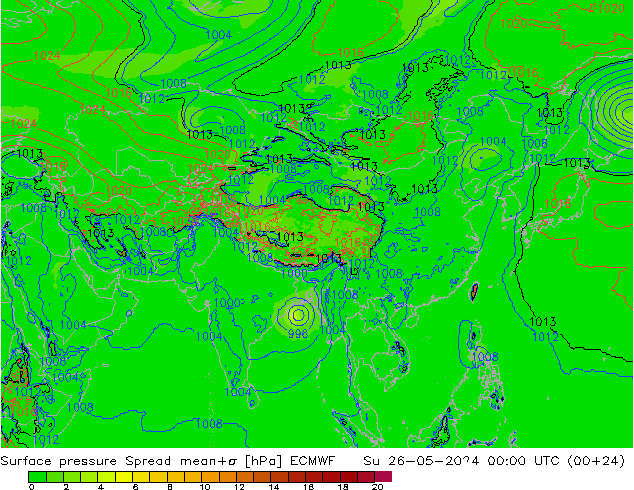 Luchtdruk op zeeniveau Spread ECMWF zo 26.05.2024 00 UTC