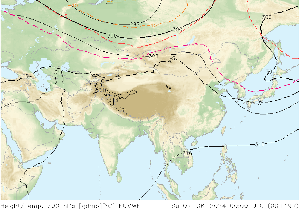 Hoogte/Temp. 700 hPa ECMWF zo 02.06.2024 00 UTC