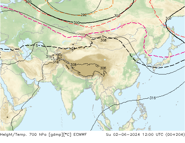 Height/Temp. 700 hPa ECMWF nie. 02.06.2024 12 UTC