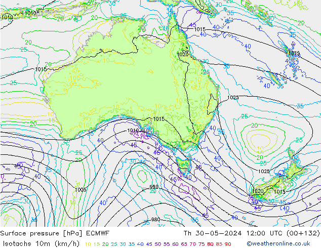 Isotachs (kph) ECMWF Qui 30.05.2024 12 UTC