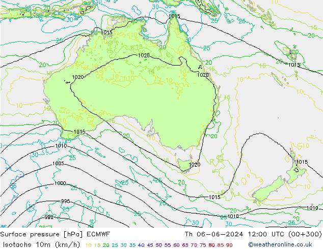 Izotacha (km/godz) ECMWF czw. 06.06.2024 12 UTC