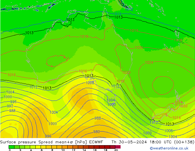 Pressione al suolo Spread ECMWF gio 30.05.2024 18 UTC