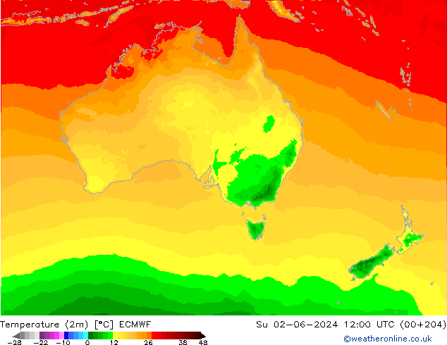 Temperaturkarte (2m) ECMWF So 02.06.2024 12 UTC