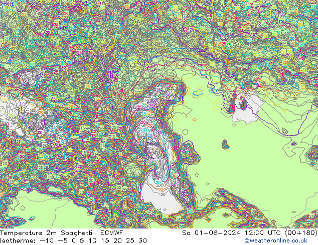 mapa temperatury 2m Spaghetti ECMWF so. 01.06.2024 12 UTC