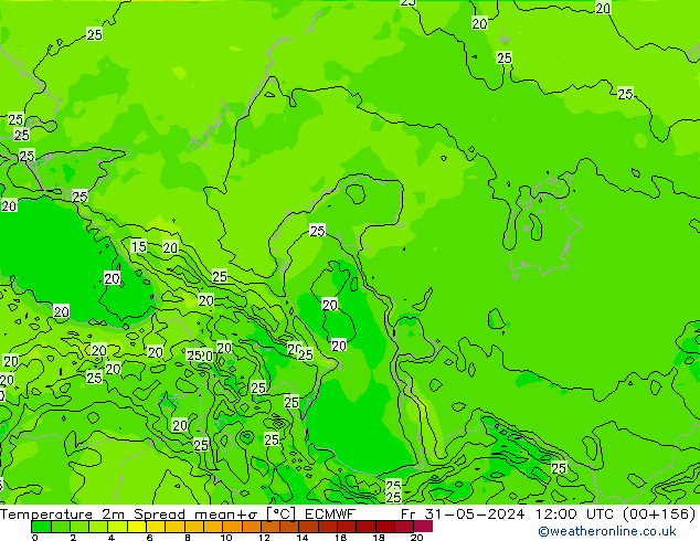 Temperatura 2m Spread ECMWF Sex 31.05.2024 12 UTC