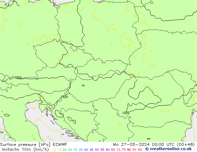 Isotachs (kph) ECMWF lun 27.05.2024 00 UTC