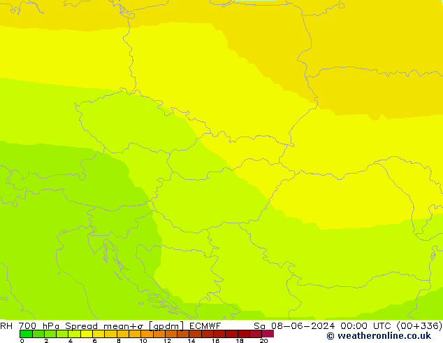 Humedad rel. 700hPa Spread ECMWF sáb 08.06.2024 00 UTC