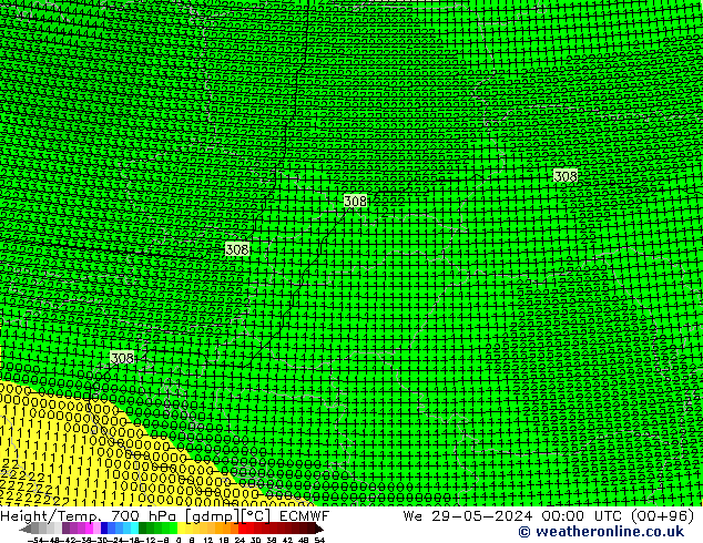 Geop./Temp. 700 hPa ECMWF mié 29.05.2024 00 UTC