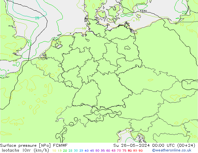 Isotachs (kph) ECMWF dim 26.05.2024 00 UTC