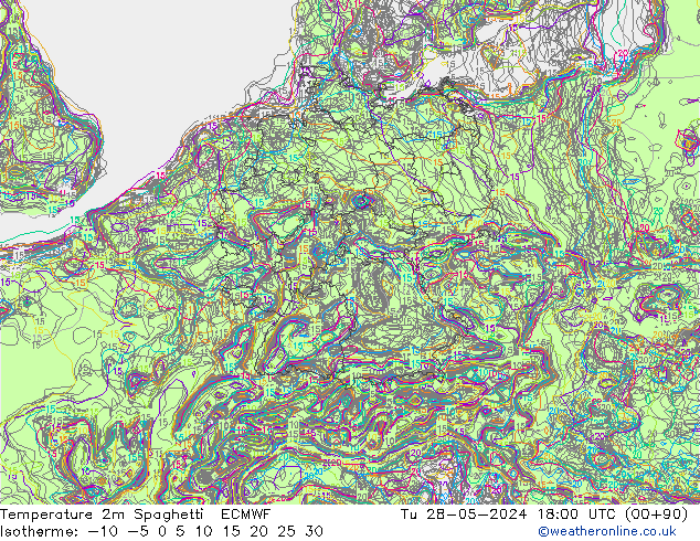 Temperature 2m Spaghetti ECMWF Tu 28.05.2024 18 UTC