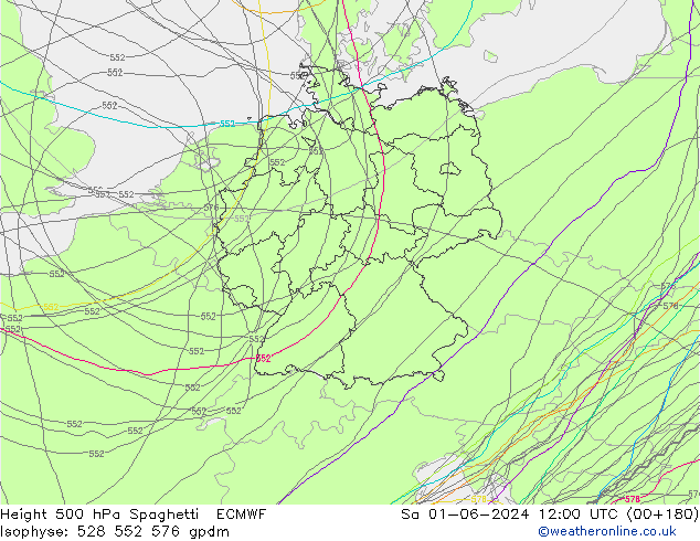 Height 500 hPa Spaghetti ECMWF Sa 01.06.2024 12 UTC