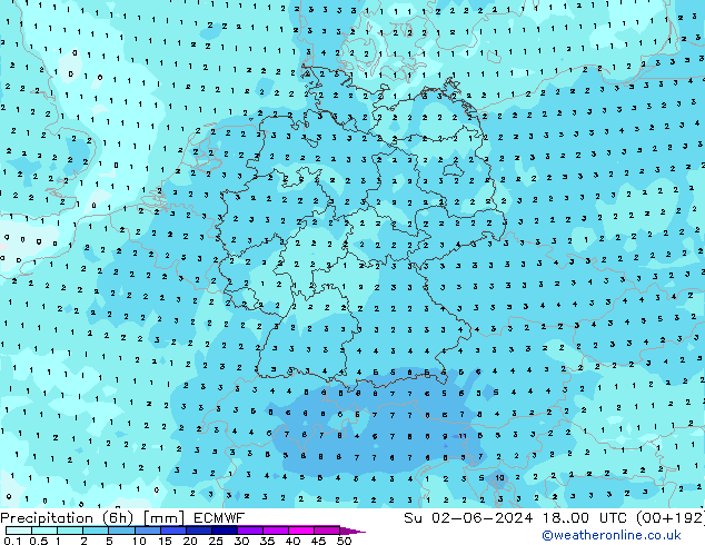 Precipitation (6h) ECMWF Su 02.06.2024 00 UTC