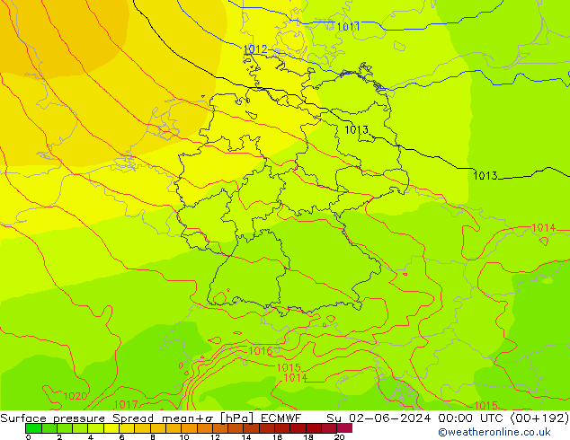 Pressione al suolo Spread ECMWF dom 02.06.2024 00 UTC