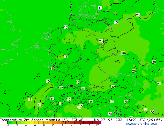 Temperatura 2m Spread ECMWF Seg 27.05.2024 18 UTC