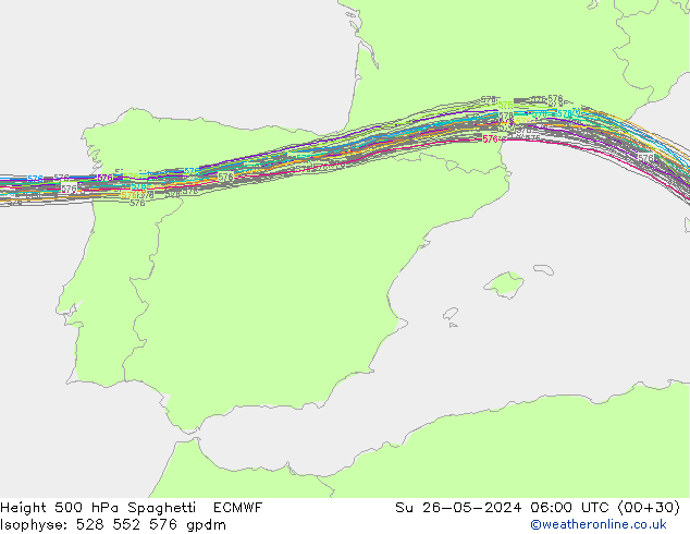 Hoogte 500 hPa Spaghetti ECMWF zo 26.05.2024 06 UTC