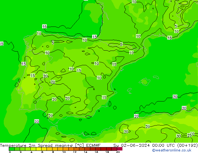 карта температуры Spread ECMWF Вс 02.06.2024 00 UTC