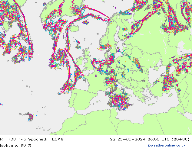 RH 700 hPa Spaghetti ECMWF Sa 25.05.2024 06 UTC