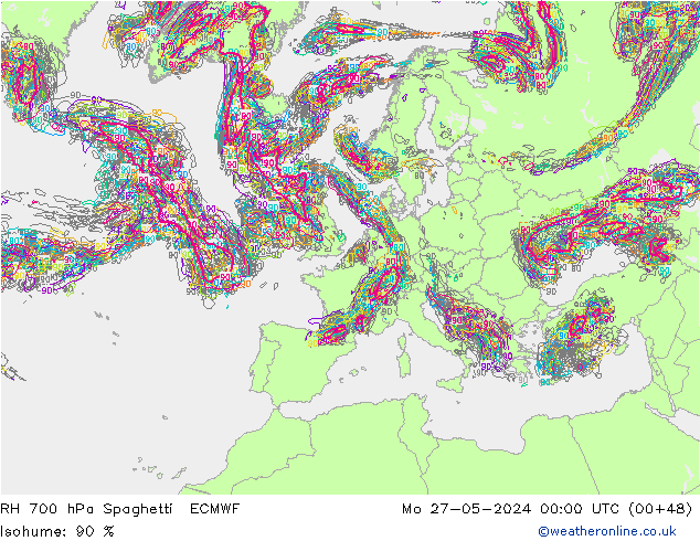 RH 700 гПа Spaghetti ECMWF пн 27.05.2024 00 UTC