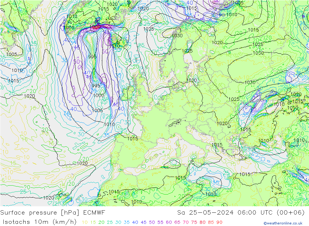 10米等风速线 (kph) ECMWF 星期六 25.05.2024 06 UTC